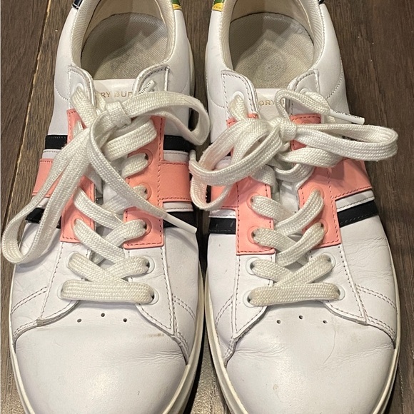 Tory Burch White Pink and Black Leather Athletic Sneakers - Picture 3 of 7